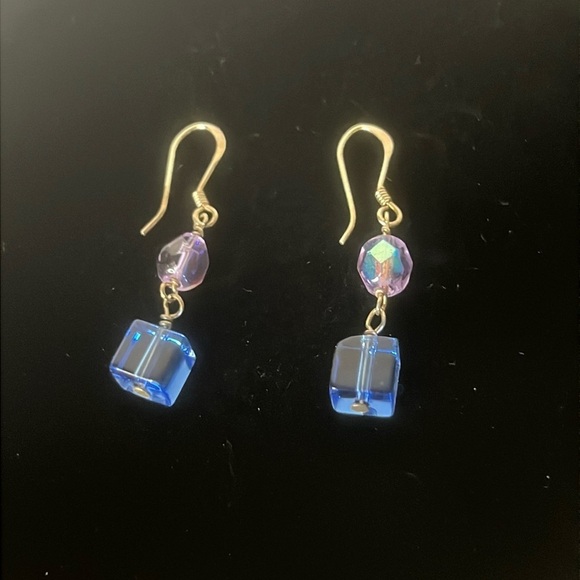 925 Silver Iridescent Purple and Blue Glass Bead Dangle Hook Earrings - Picture 1 of 4